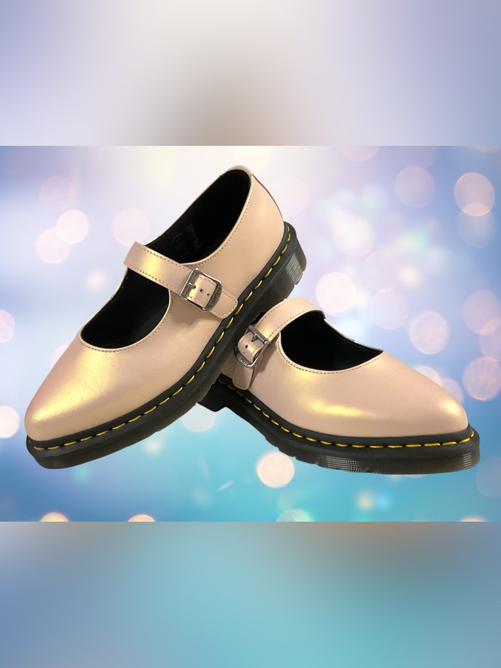 Dr. Martens Elphie II MJ Powder Pink Iridescent Leather Mary Jane Shoes Size 7